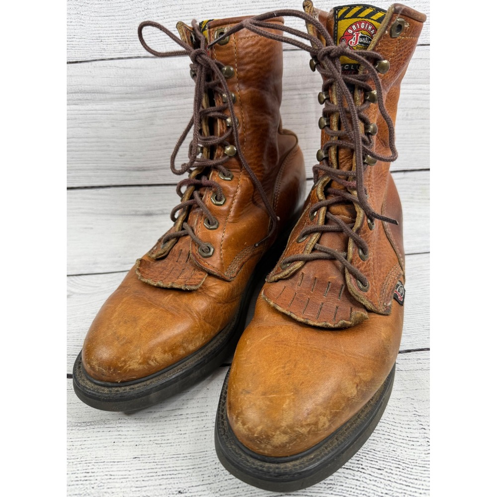 Justin Workboots Mens Brown Leather Lace Up Oil Resistant Made‎ in USA